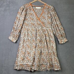 Daughters of India Women's‎ XS White Orange Floral Boho Cotton Long Sleeve Dress